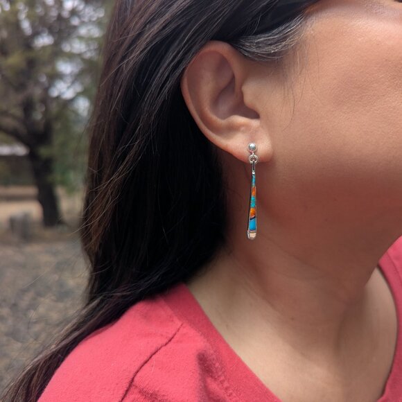 Handcrafted Navajo Sterling Silver Multi Stone Inlay Drop Earrings Jewelry ** - Picture 9 of 10